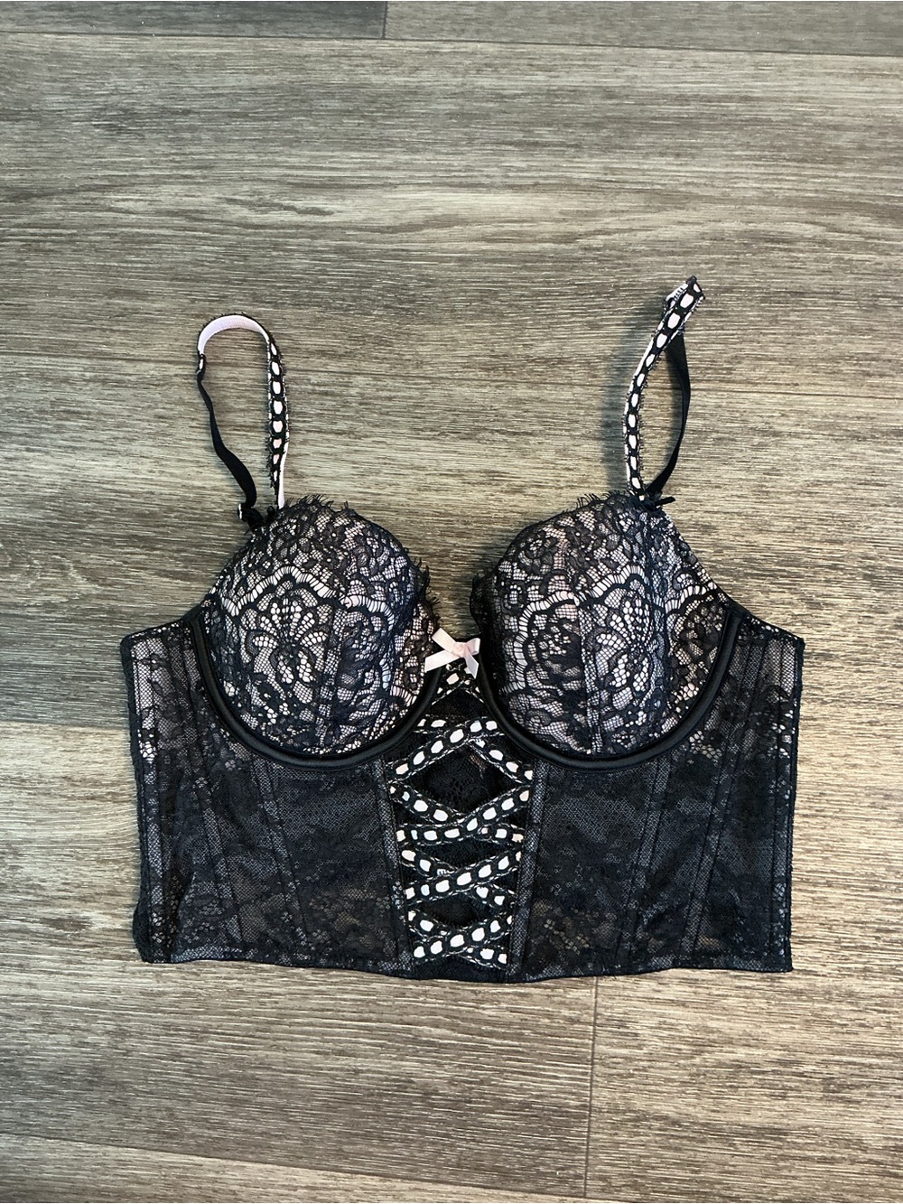 Victoria's Secret Black Lace Longline Bra with Pink Accents